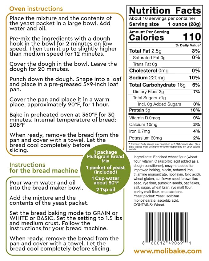 Molibake Multigrain Bread Mix ??Premium All-Natural Baking Mix for Bread Machine and Oven ??15 oz