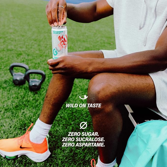 GURU ZERO SUGAR Wild Strawberry Watermelon Organic Energy Drinks, Clean Energy Drink with Plant