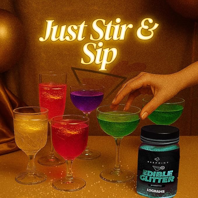 BeePoint Iridescent Edible Glitter for Drinks 15g - Food Grade, Vibrant Color Shimmer Powdered Dust