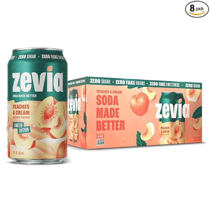 Zevia Zero Sugar Soda, Peaches and Cream, 12 oz Cans (8-Pack) ??Caffeine Free, Naturally Sweetened