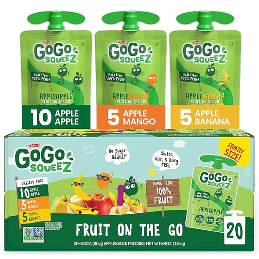 GoGo squeeZ Applesauce and Fruit Puree Variety Pack, Apple, Mango & Banana, 3.2 oz (Pack of 20)