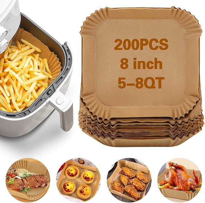 200Pcs Air Fryer Paper Liners, 8 Inch Square Disposable Paper Liner, Non-stick Parchment Paper for