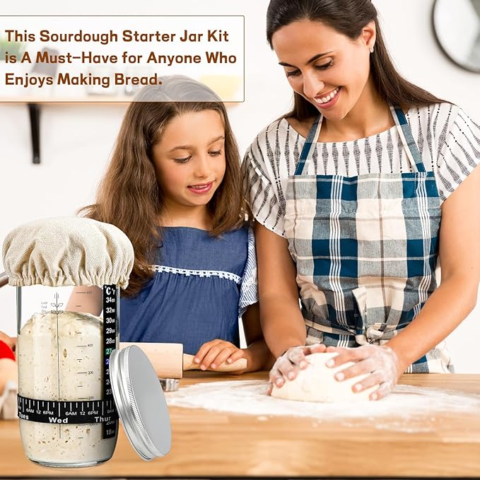 DWTS DANWEITESI Sourdough Starter Jar with Date Marked Feeding Band, Thermometer, Sourdough