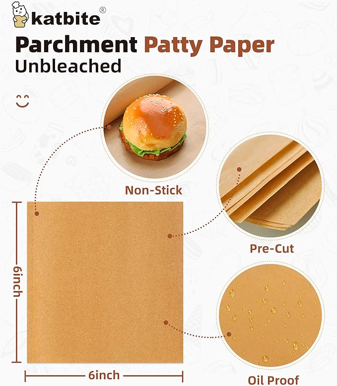 Katbite 300Pcs 6x6 Inches Patty Paper, Burger Patty Paper, Unbleached Parchment Sheets, Heavy Duty
