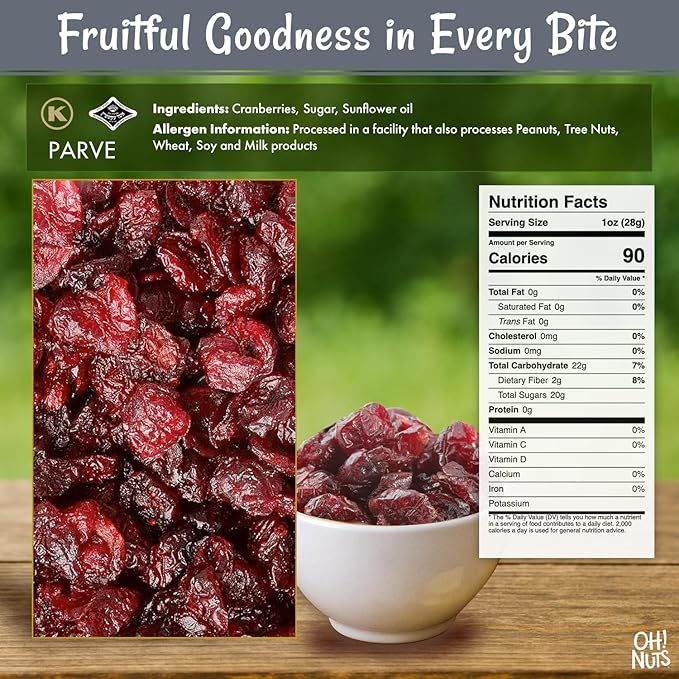 Oh! Nuts Dried Cranberries - Dehydrated Cranberries - 1 lb Bulk Bag - Cranberries Dried Fruit for