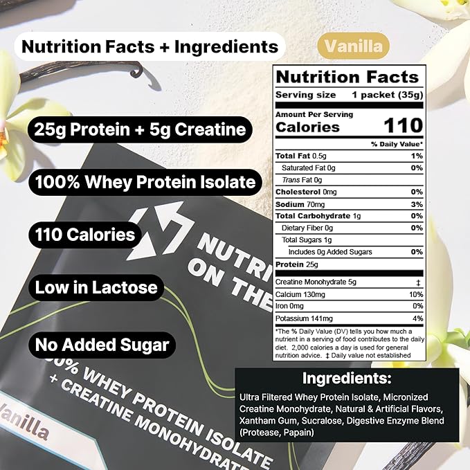 Travel Whey Protein Isolate Packets ??Single-Serve Protein Powder ??25g Protein + 5g Creatine