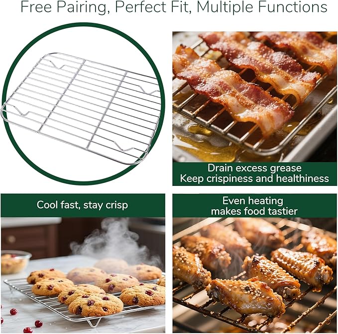 18/0 Stainless Steel Baking Sheet with Cooling Rack, 12.4 Inch Oven-Safe Non-Toxic Cookie Sheets