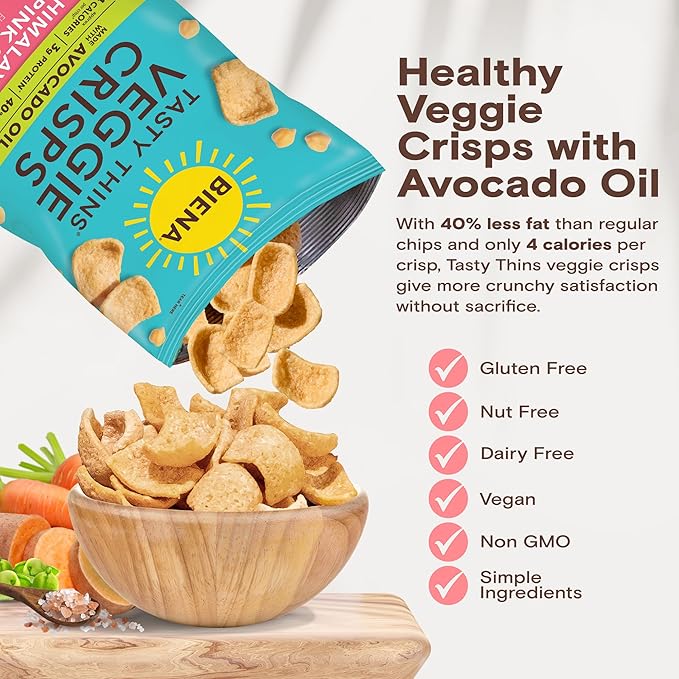 BIENA Tasty Thins Veggie Crisps - Made with Avocado Oil - Low Calorie Veggie Chips for Adults and