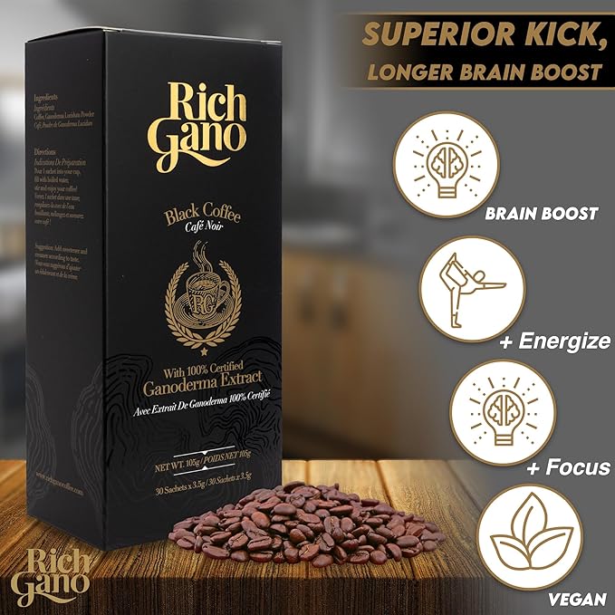 Rich Gano Reishi Mushroom Coffee – (10 Boxes of 30 Sachets) Black Coffee with Ganoderma Extract
