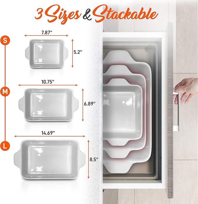 NutriChef 3-Piece Ceramic Casserole Dish for Oven - Premium Lasagna Baking Pans w/ Nonstick Coating