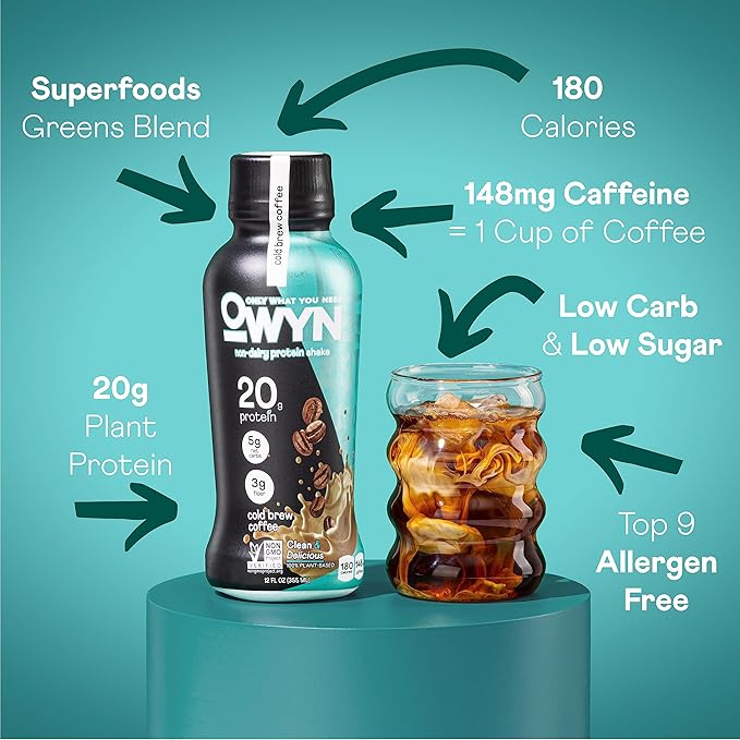 OWYN Only What You Need Vegan Plant-Based Protein Shake, Cold Brew Coffee, 12 Pack, with 20g Plant