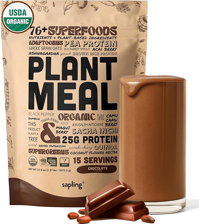 Plant Meal Replacement Shake - Chocolate - 25g of Plant Based Vegan Protein Powder, 76+ Organic