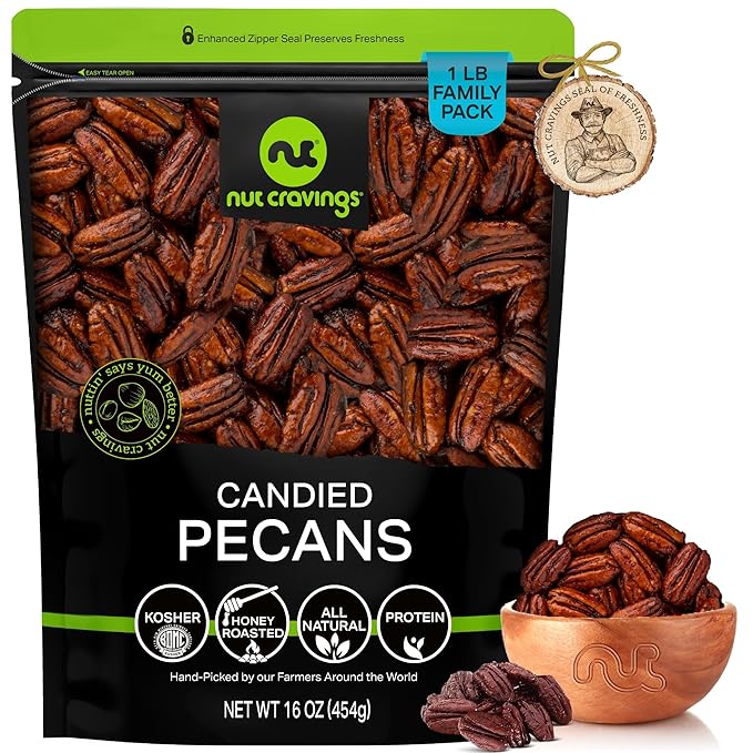 NUT CRAVINGS - Candied Pecans Honey Glazed Praline, No Shell (16oz - 1 LB) Bulk Nuts Packed Fresh