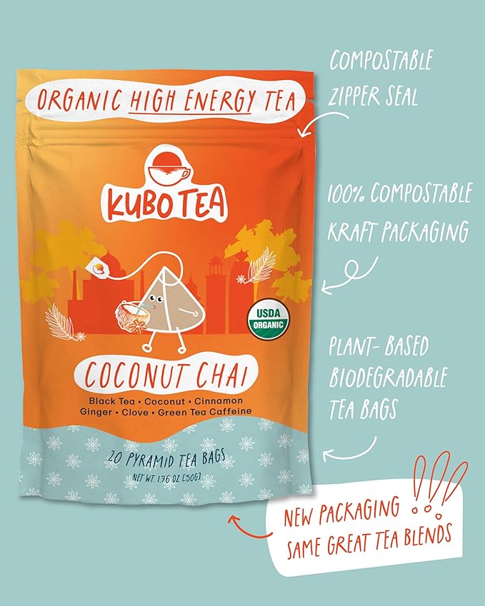 Kubo Tea, Coconut Chai Black Tea, Organic High Caffeine Blend, 20 Servings (155mg Caffeine each)