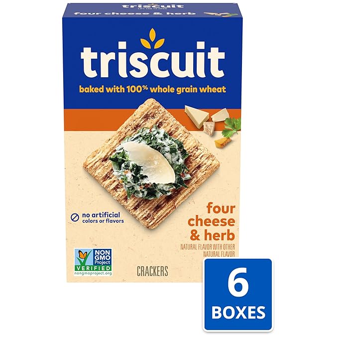 Triscuit Four Cheese & Herb Whole Grain Wheat Crackers, Lunch Snacks, Bulk Snack Crackers, 6 - 8.5