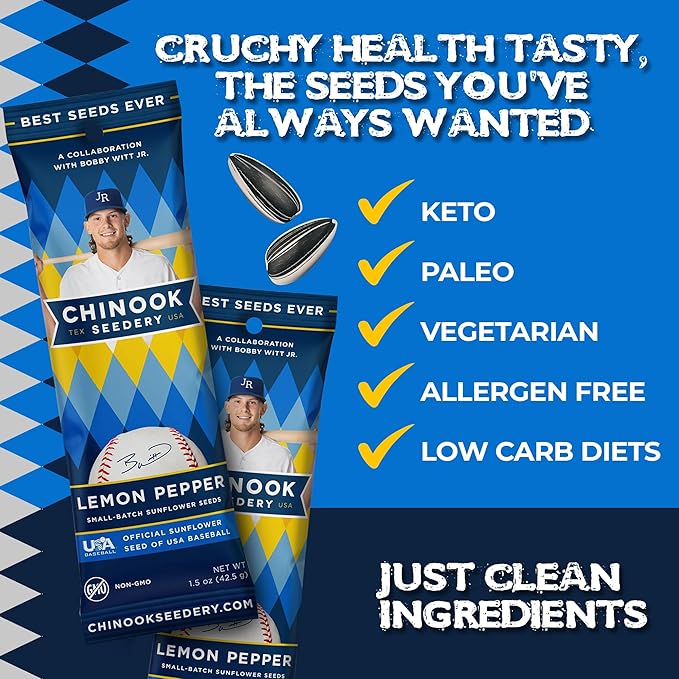 Chinook Seedery Roasted Sunflower Seeds to Eat - 1.5 oz (Pack of 36) Lemon Pepper - Jumbo Low