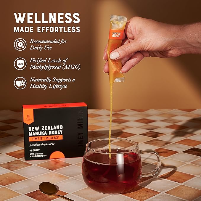 Nate's Manuka Honey Minis - 10 count Single-serve, Pure Manuka Honey - MGO 83+ | UMF 5+ Certified