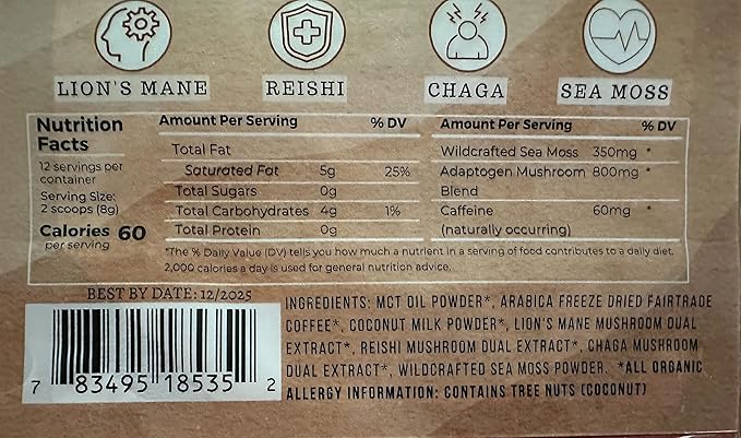 Elderwise Organics Coffee - Latte - Lion's Mane, Chaga, Reishi, Cordyceps, MCT Oil, Coconut Cream &