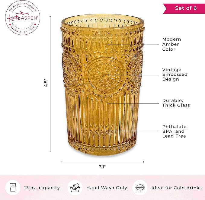 Kate Aspen Vintage Textured Amber Striped Drinking Glasses Set of 6-13 oz Ribbed Glassware with