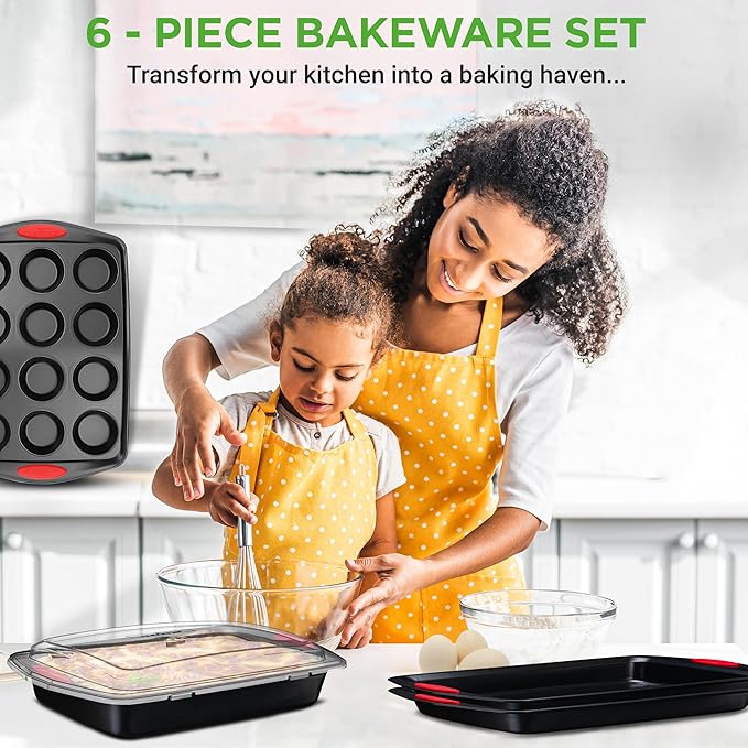 NutriChef 6-Piece Baking Pan Set - PFOA, PFOS, PTFE Free Flexible Nonstick Black Coating Carbon