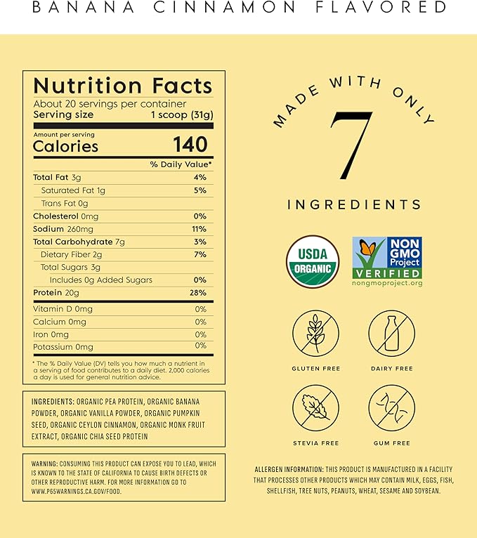 Truvani Vegan Pea Protein Powder | Banana Cinnamon | 20g Organic Plant Based Protein | 20 Servings