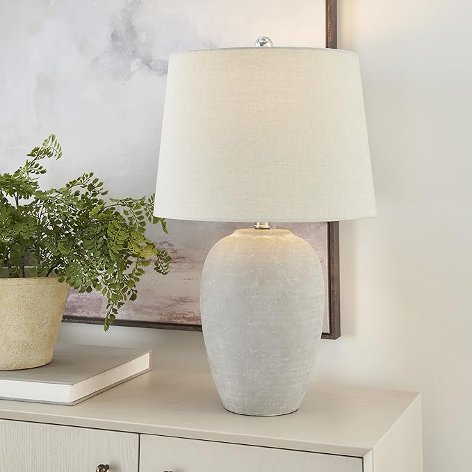 Nourison Home 23" Vintage Grey (White Washed) Ceramic Pot Table Lamp for Bedroom, Living Room