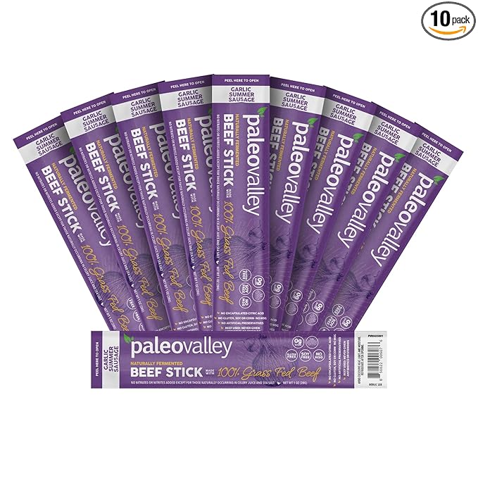 Paleovalley 100% Grass Fed Garlic Summer Sausage Beef Sticks - Delicious Gluten Free Beef Snack