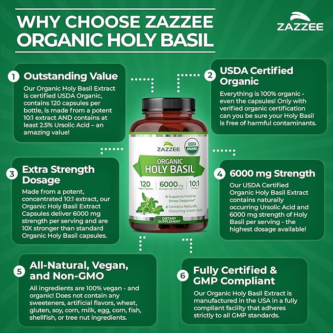 Zazzee USDA Organic Holy Basil 10:1 Extract, 6000 mg Strength, 120 Vegan Capsules, Concentrated and