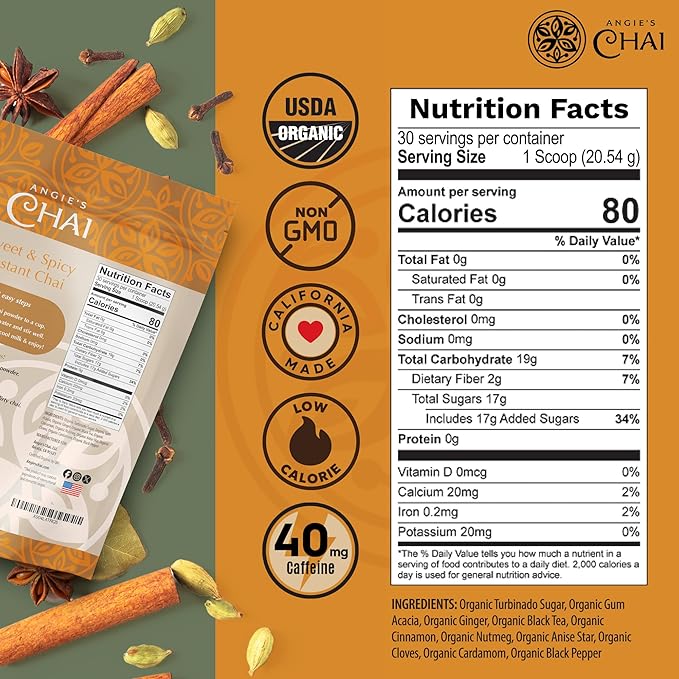Angie's Chai Sweet & Spicy Organic Instant Chai Tea Powder - Made in USA, Delicious Spiced Chai