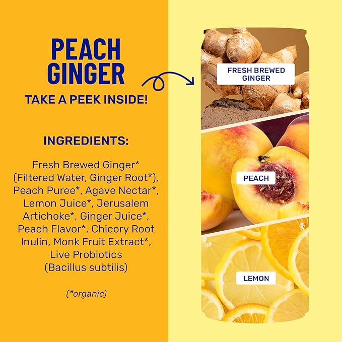 wildwonder Sparkling Probiotic Drink 12pk, For Gut Health & Immune Support, Peach Ginger, 5g