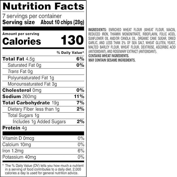 Stacy's Bagel Chips, Toasted Garlic Baked Chips, 7 Oz Snack Bag