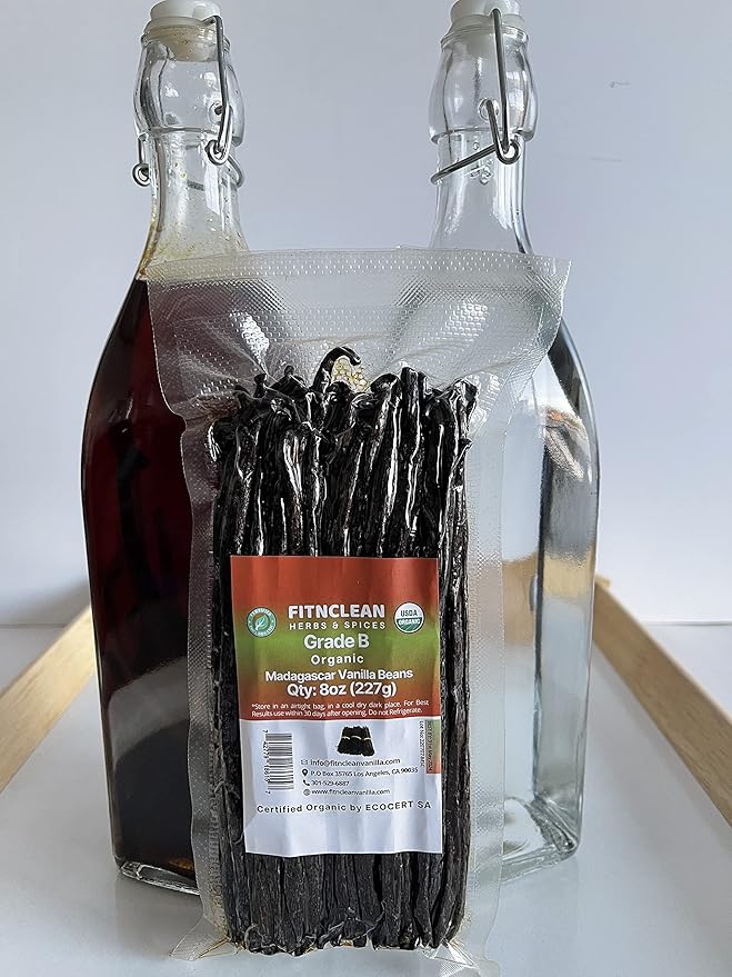 8oz Organic Madagascar Vanilla Beans Grade B for Extract. Certified USDA Organic. 5"-7" by