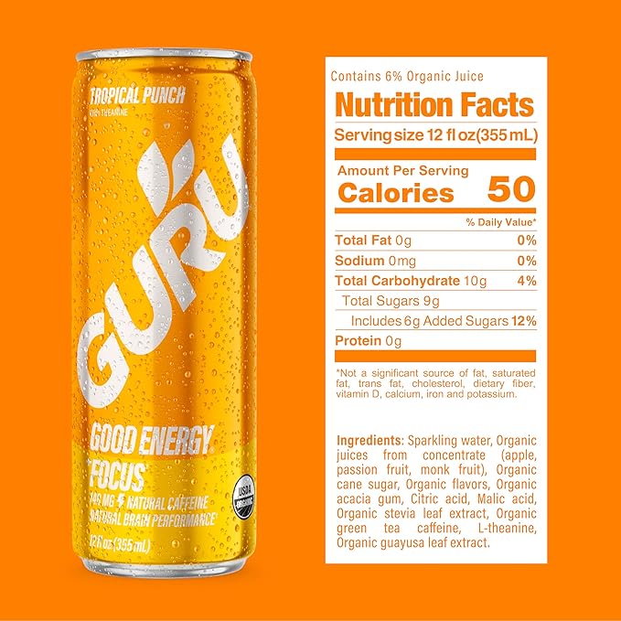 GURU Tropical Punch Organic Energy Drinks, Clean Energy Drink with Plant Based Natural Caffeine