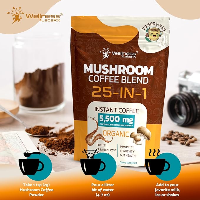 Mushroom Coffee Organic Instant Coffee, 25-in-1, Third-Party Tested Keto Friendly Lions Mane