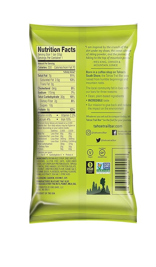 Tahoe Trail Bar, Plant-Based Natural Energy Bar (1.94 Ounce Protein Bar, 12 Count) High Protein
