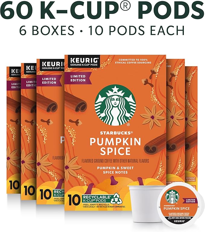 Starbucks K-Cup Coffee Pods, Pumpkin Spice Naturally Flavored Coffee for Keurig Brewers, 100%