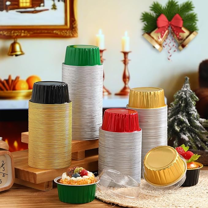 Gejoy 400 Pcs Aluminum Foil Baking Cups with Lids 5 oz Disposable Ramekins Mini Cake Pans Creme
