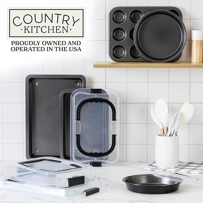 Country Kitchen Baking Pans Set - 10 Piece Non-Stick Cake Pans with Carry Lids for Easy Storage &
