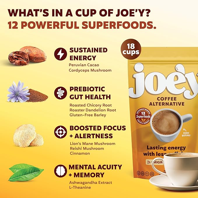 Joe'y Mushroom Coffee Alternative with Cacao and Dandelion Root, Chicory Coffee Substitute with