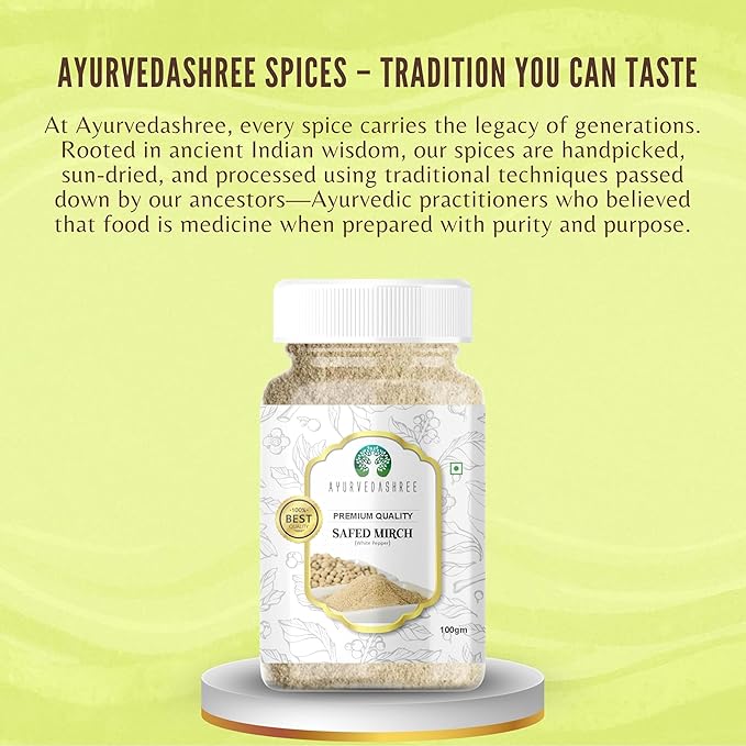 AYURVEDASHREE White Pepper Powder 100gm PET Jar | All Natural | Non GMO, 100% Raw | Sourced from