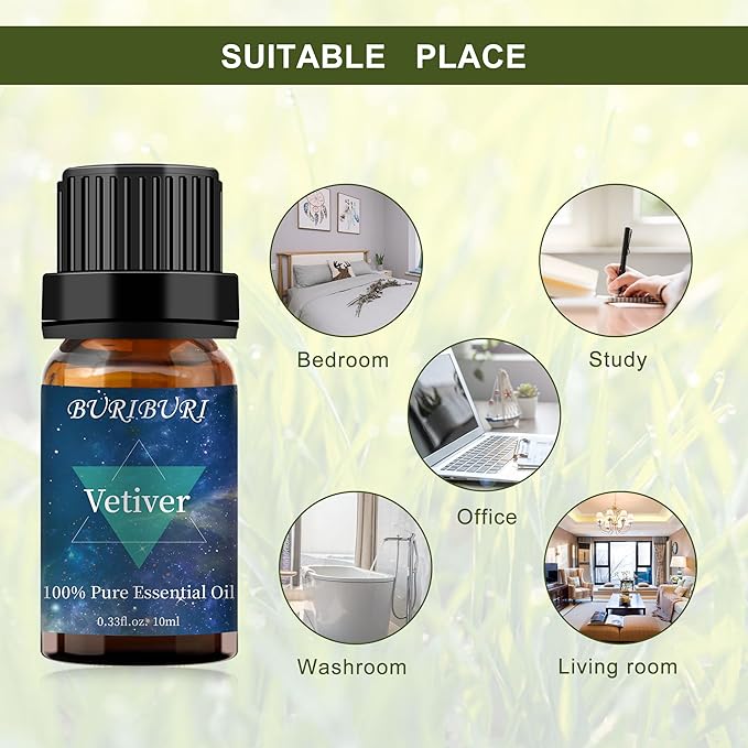 BURIBURI Vetiver Essential Oil Organic for Diffuser, Skin, Candle Soap Perfume Making - 100% Pure