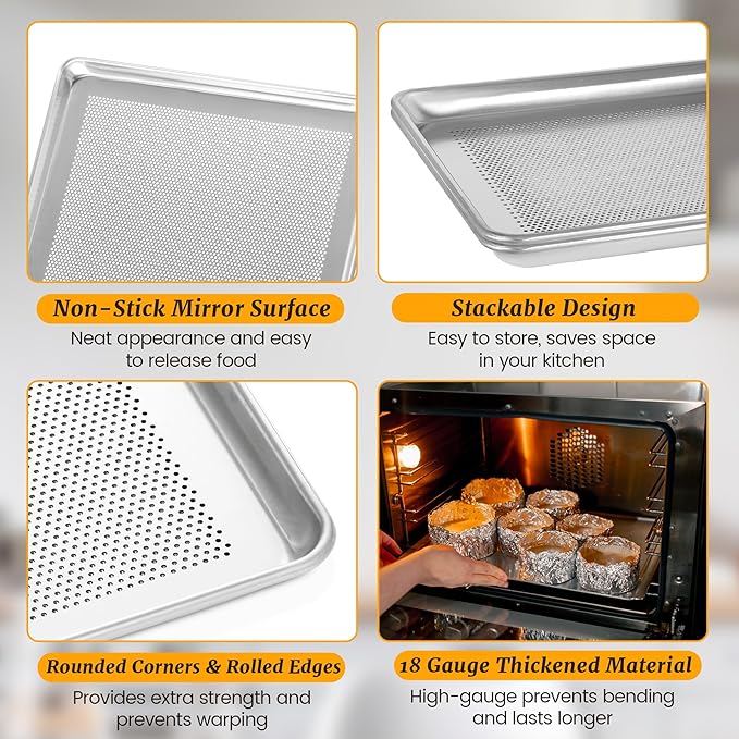 6 Pack Half Size Aluminum Perforated Baking Sheet Pan, 13"×18" Cookie Sheets For Oven in Bakery