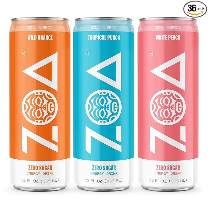 ZOA Zero Sugar Energy Drinks, Tropical Taste Pack - Sugar Free with Electrolytes, Healthy Vitamin
