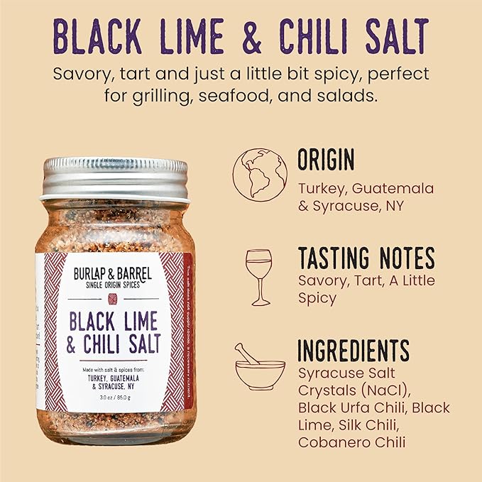 Burlap & Barrel Black Lime & Chili Salt - Savory, Tart, Mildly Spicy - Seasoning Salt for Seafood