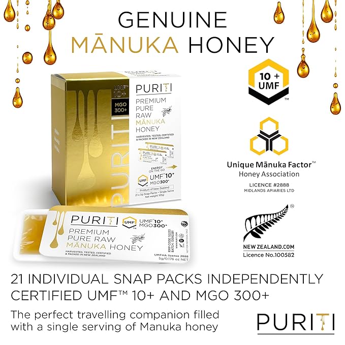PURITI Genuine Raw Manuka Honey Snaps On The Go - UMF 10+ (MGO300+) 21 x 0.18oz Individual Snap