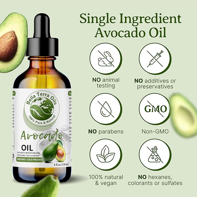 Bella Terra Oils - Avocado Oil 4oz - Pure Essence of Cold-Pressed Avocado, Boosted with Vitamin A