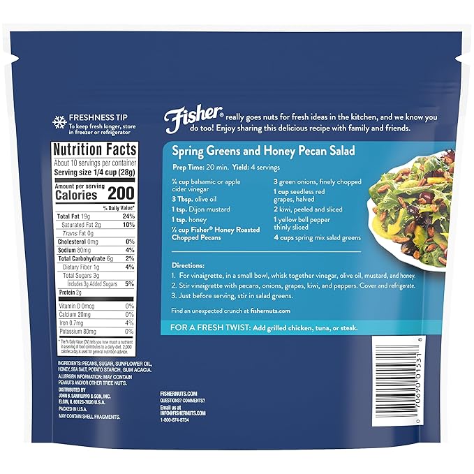 Fisher Chef's Naturals Honey Roasted Chopped Pecans 10oz Resealable Bag, Unsalted Raw Nuts for
