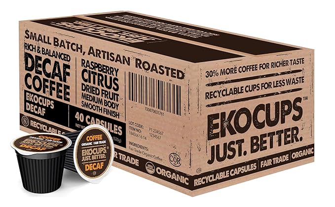 EKOCUPS Organic Swiss Water Decaf Medium Roast Coffee Pods, 30% More Coffee Per Cup, Fair Trade