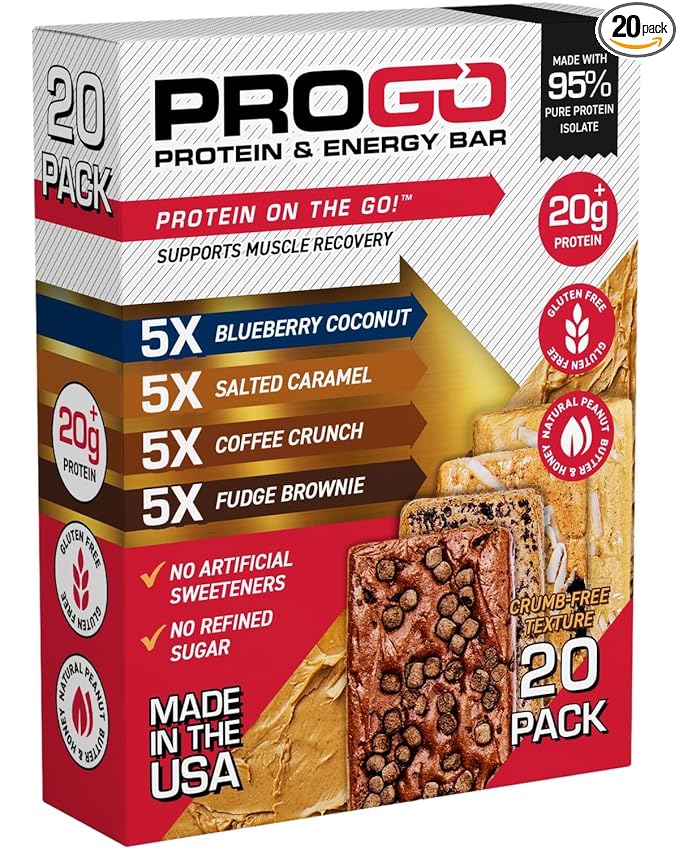 ProGo Protein Bars, Low Sugar, High Protein Snacks (Up to 22g) - 95% Pure Isolate for Faster Muscle