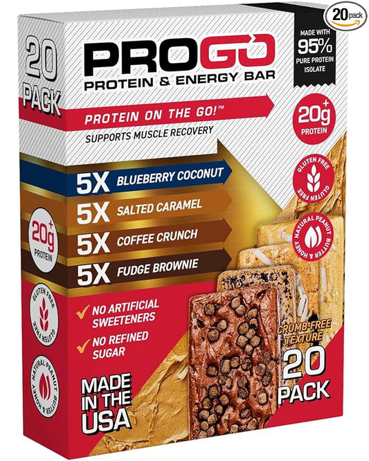 ProGo Protein Bars, Low Sugar, High Protein Snacks (Up to 22g) - 95% Pure Isolate for Faster Muscle